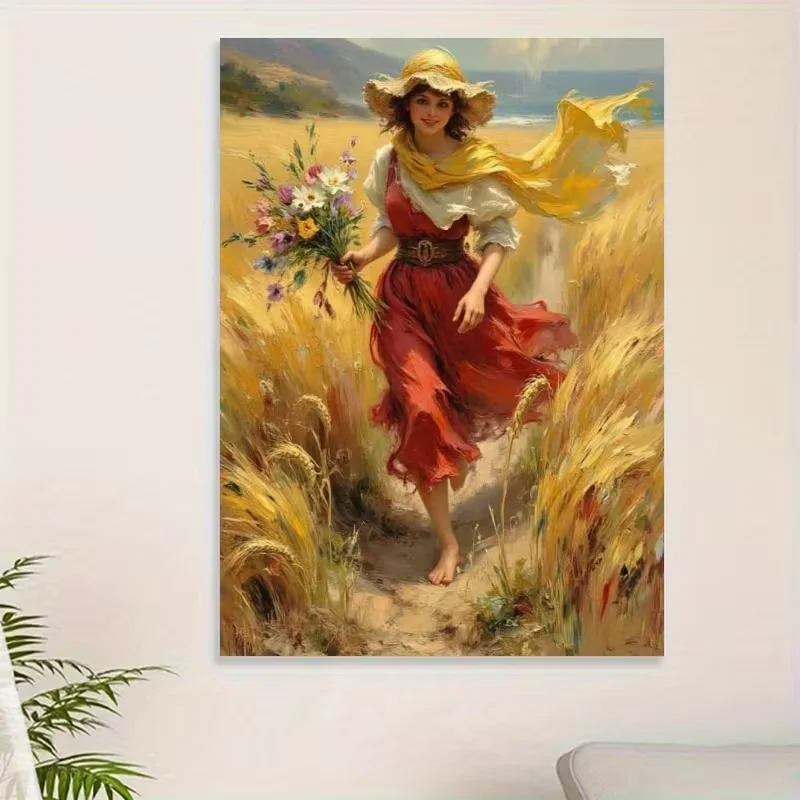 2D Flat, 2D Flat, 1pc Woman Running in The Field Poster Canvas Wall Art for Home Decor, Realistic Style Poster Wall Decor High Q
