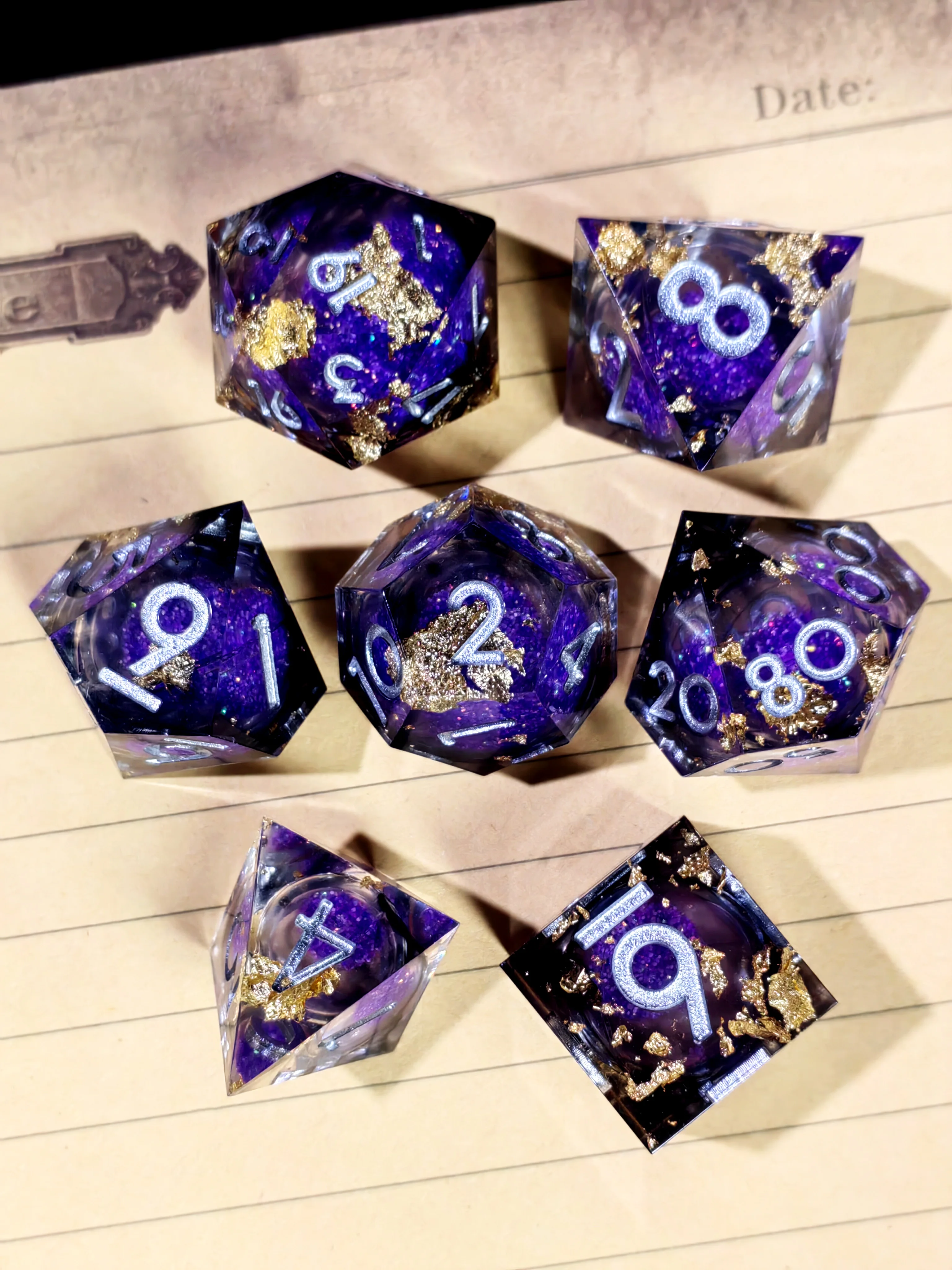 

DnD Dice Set – 7pcs Sharp Edge Resin Dice, Purple Sand, Transparent Silver Numbered, for D&D, RPG, Tabletop Games
