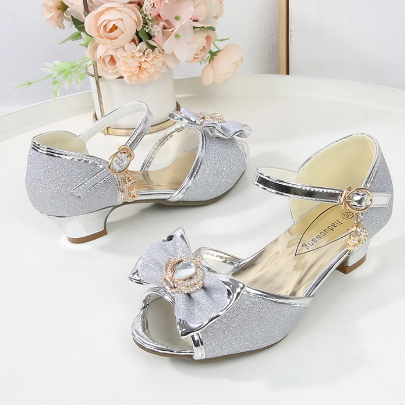 Elegant Girl Princess Shoes Sweet Crown Bowtie Kids Wedding Party Sandals Fashion Sequins Children's Shoes with Heels Versatile