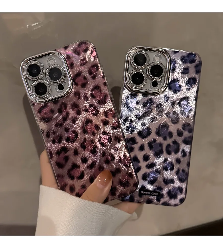 Metallic Shiny Wrinkle Leopard Print Phone Case For Iphone 12 13 14 15 16 17 Electroplated Lens Shockproof Cover