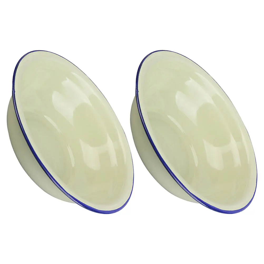 

2Pcs Retro Enamel Soup Bowl Vintage Style Thickened Household Kitchenware Food Storage Basin Enamel Bowl Lard Basin