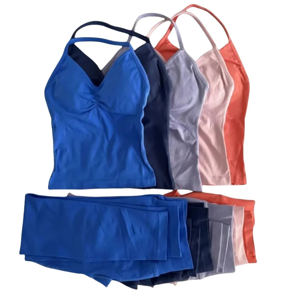 

Комплект из 2 предметов для йоги, женский длинный жилет и леггинсы с ремешками, одинаковый цвет, фитнес-тренировки, бег, велоспорт, бесшовные брюки, комплект жилета