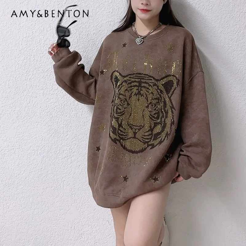 2024 Autumn New Heavy Industry Double-sided Diamond Drills Cartoon Head O-Neck Sweatshirt Women's Loose Fashion Streetwear Coat