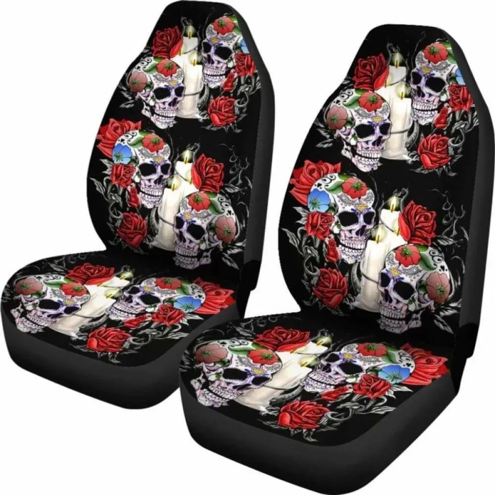 Set 2 Pcs Sugar Skull Car Seat Cover,Pack of 2 Universal Front Seat Protective Cover