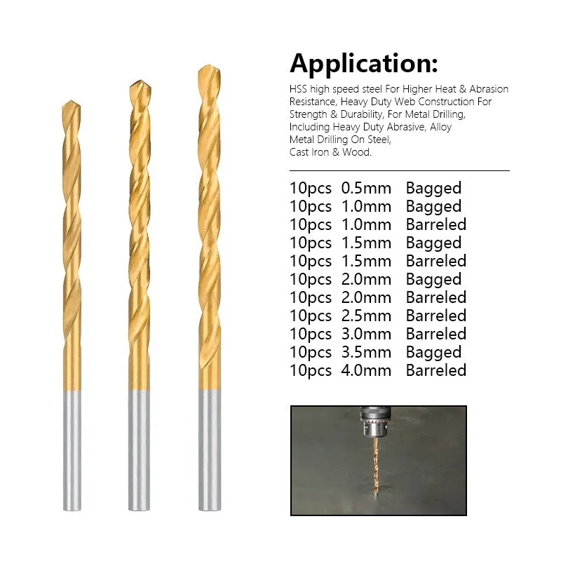 10pcs Titanium Coating Twist Drill Bit 0.5-4.0mm HSS Drill Metal Hole Cutter Woodworking Tools for Stainless Steel Metal Drills