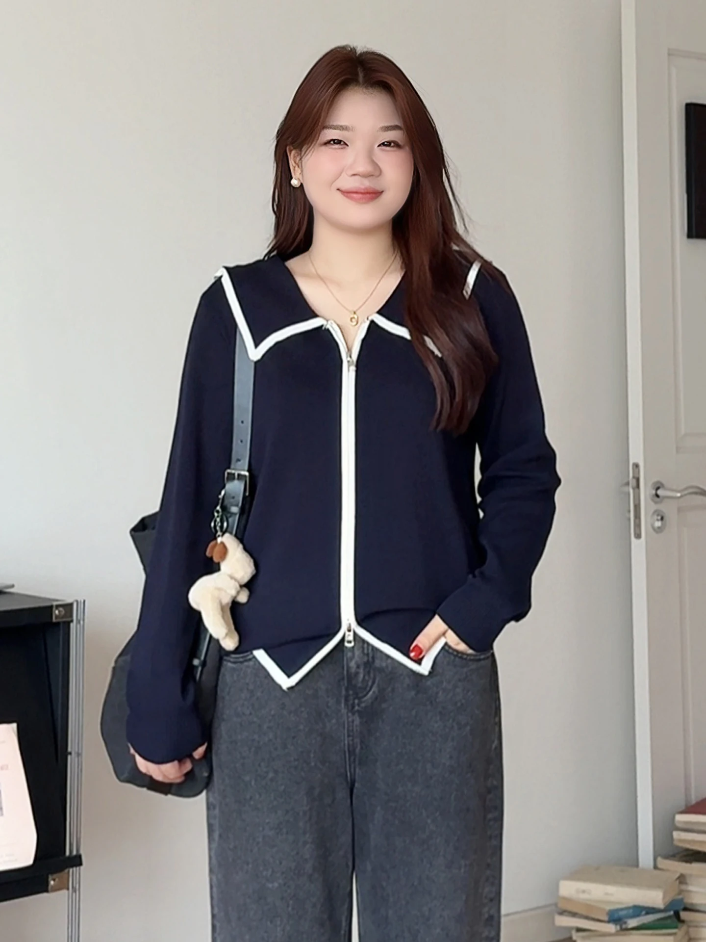 

plus Size Knitted Cardigan Collar Color Blo Autumn Winter Simple Personali plus Size Women's Faion Outerwear Sweater Coat