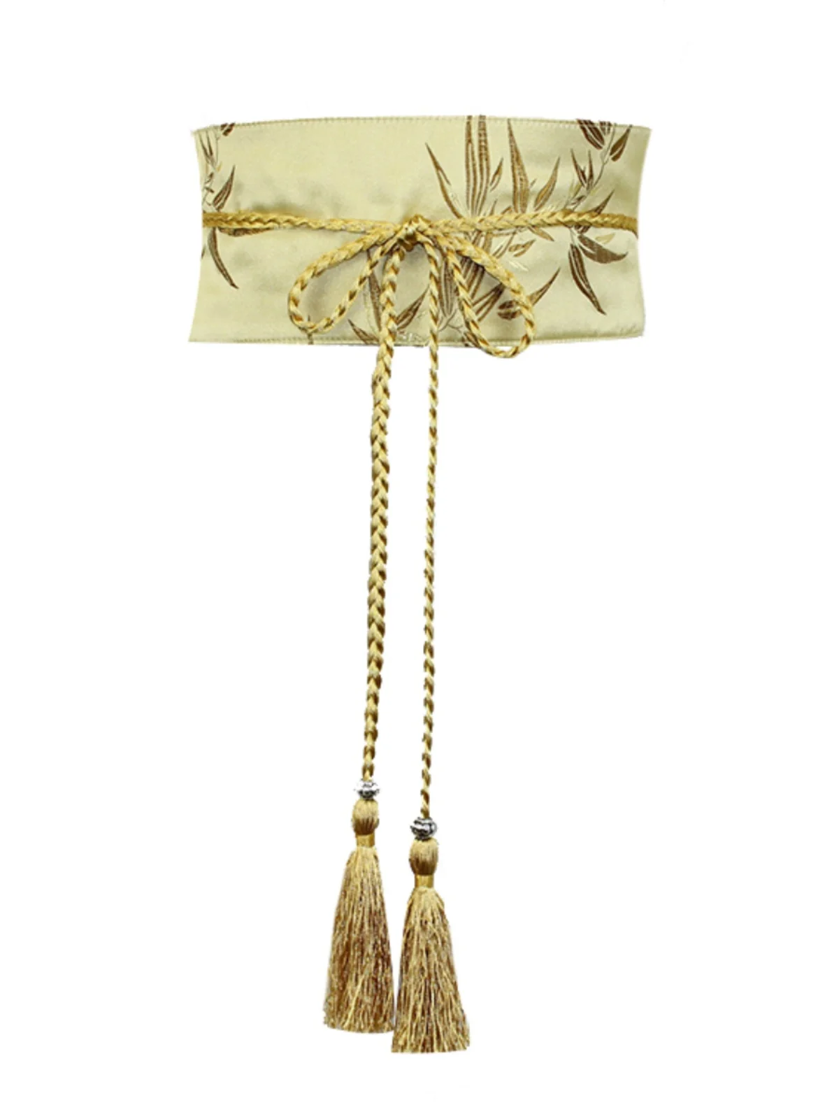 Women Vintage Style Bamboo Leaf Brocade Satin Obi Belt Embroidered Waistband with Tassel, Slimming Decorative Accessory