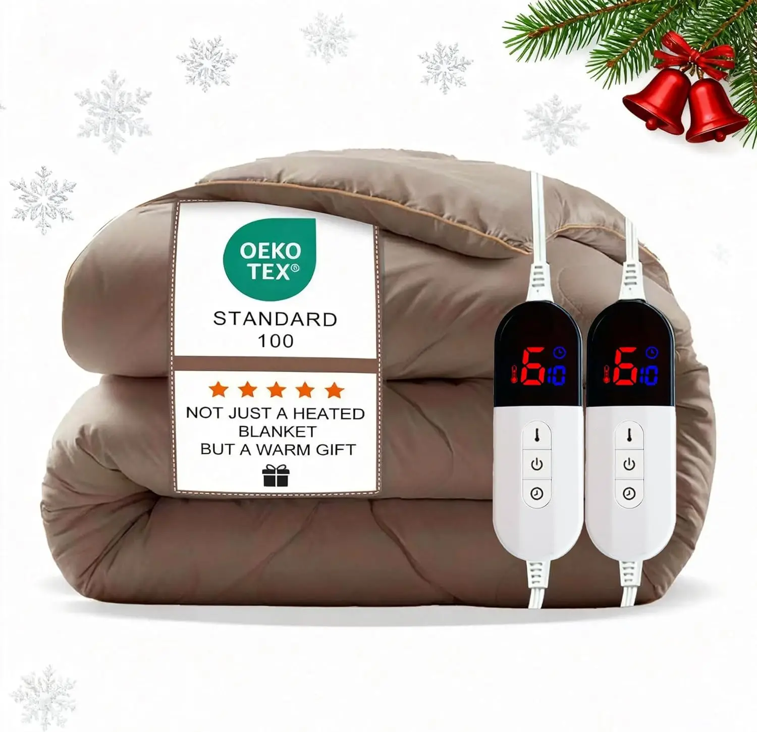 

Queen Size Electric Heated Blanket - Dual Control, 10 Timers & 6 Heat Levels, Fast Warming (Khaki)