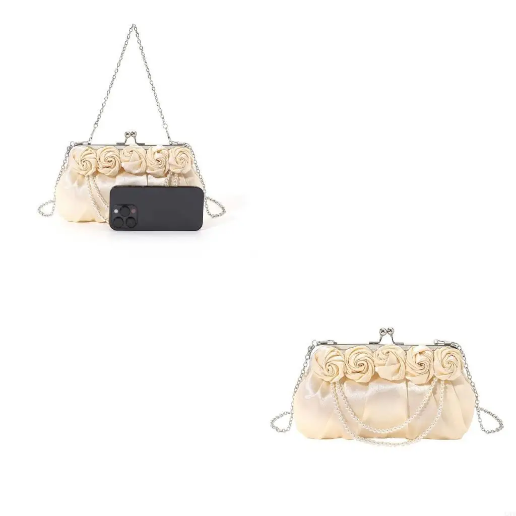 

Stylish Pearls Chain Satins Handbag for Women 3D Rose Flower Silk Clutch Purse for Weddings Proms and Evening Parties