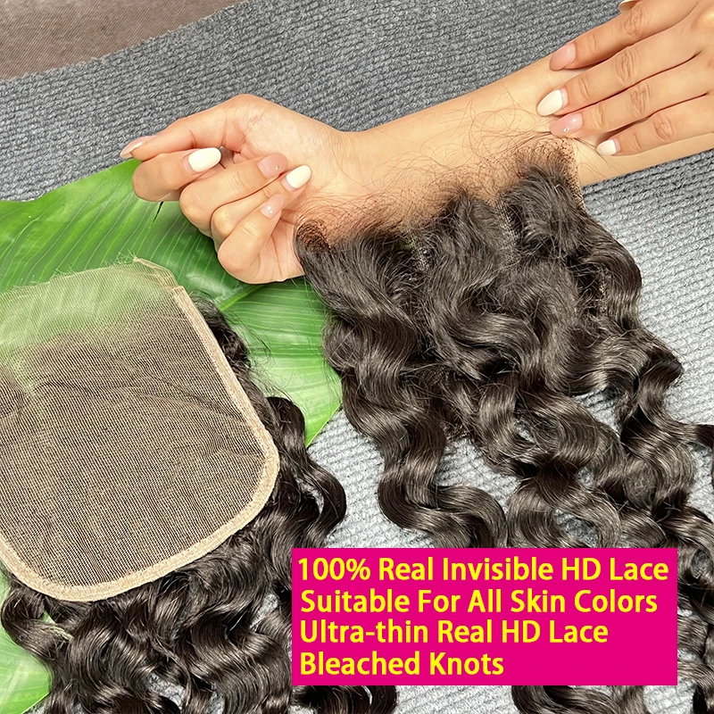 Water Wave 5x5 HD Lace Closure Invisible HD Lace Melt Skin PrePlucked Bleached Knots 100% Raw Virgin Human Hair Natural Color