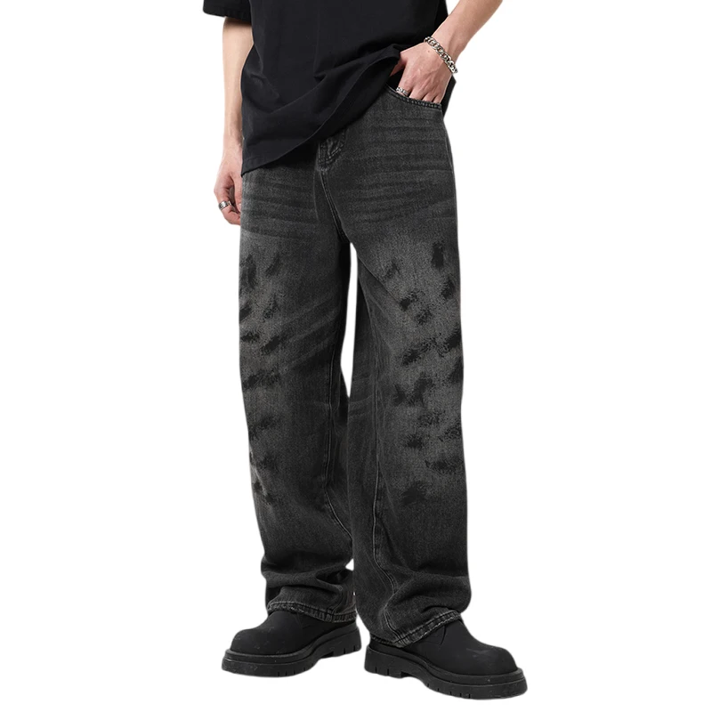 Black Gray Jeans Male Broken Hole Design Loose Trendy Retro Korean TypeinsStreet Fashion Wide-Leg Straight-Leg Trousers