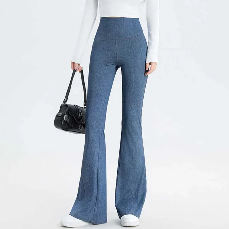 Spring Summer Women Faux Jean Flare Pants Thin Female High Waist Imitation Denim Leggings Ladies Elastic Skinny Pencil Trousers