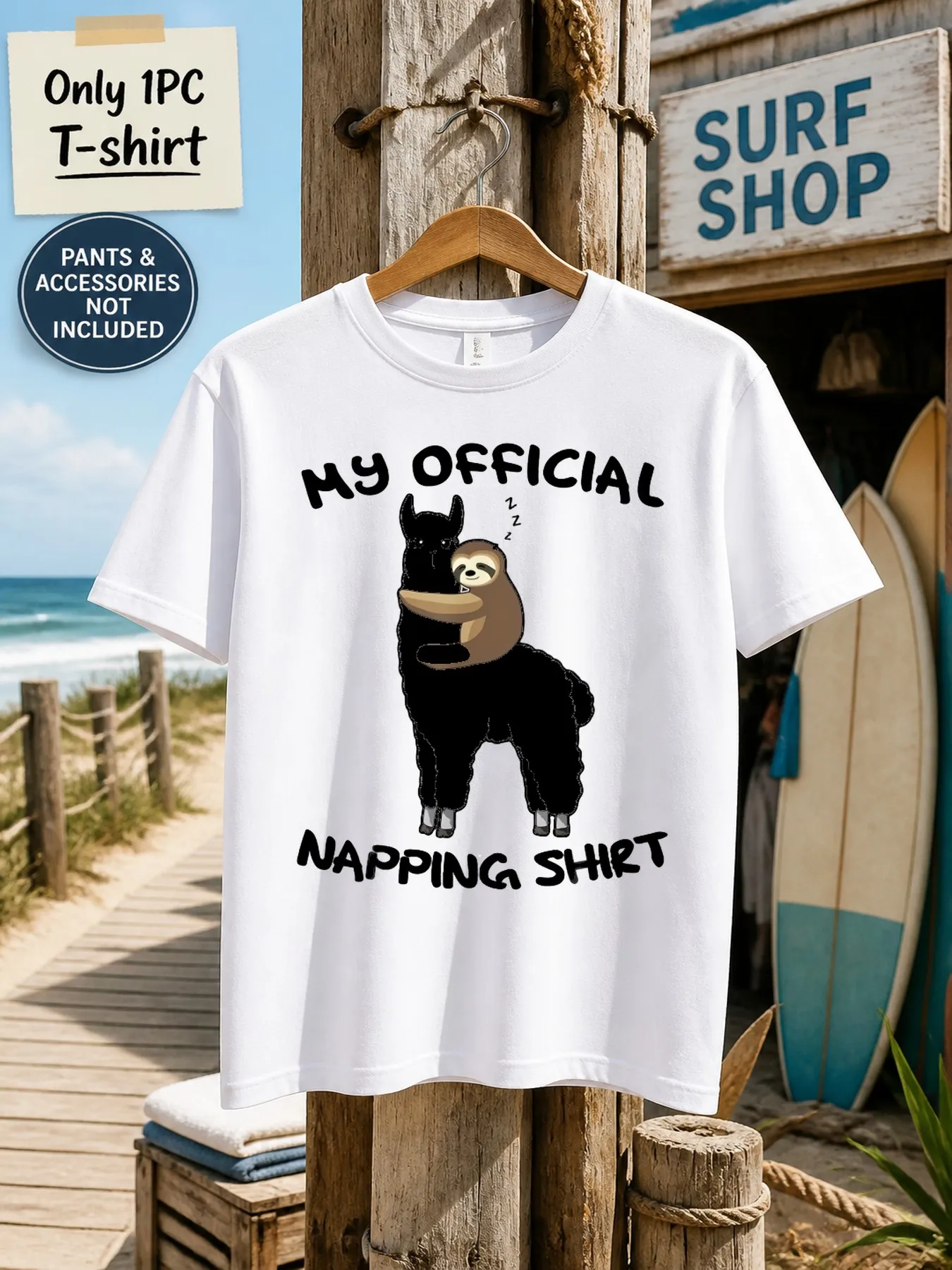 1pc Mens Graphic T Shirt My Official Napping Shirt Sloth Hugging Llama Print Short Sleeve Crew Neck[solely 1pc T-SHIRT]