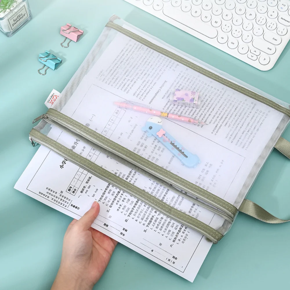 Double-Layer Storage Pouch Breathable Mesh Zipper Pencil Bag with Handle A4/A5 Document Storage Bag for School Office Games