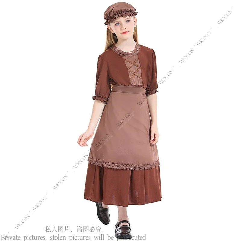 Centenarian Grandma Dark Brown Wolf Grandma Cosplay Maid Costume Lace Child Girl Dress Brown Hat Halloween Party Play Disguise