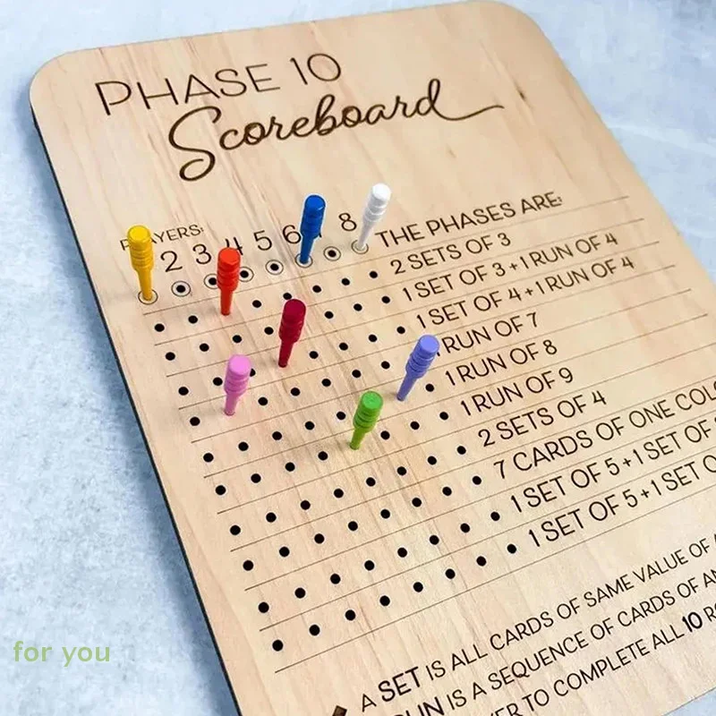 

Деревянная табло с фазой 10, карточка с фазой и круглым трекером, игральные кости, листы счетами, классические настольные карточные игры