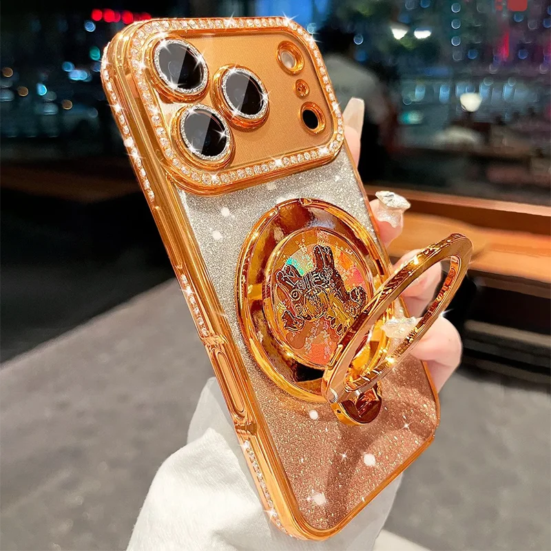 for iPhone 17 Pro max Phone Case Diamond Frame Rotating Pony Stand Cover for iPhone 12 13 14 15 16 17 Pro Max Case Horse Soft