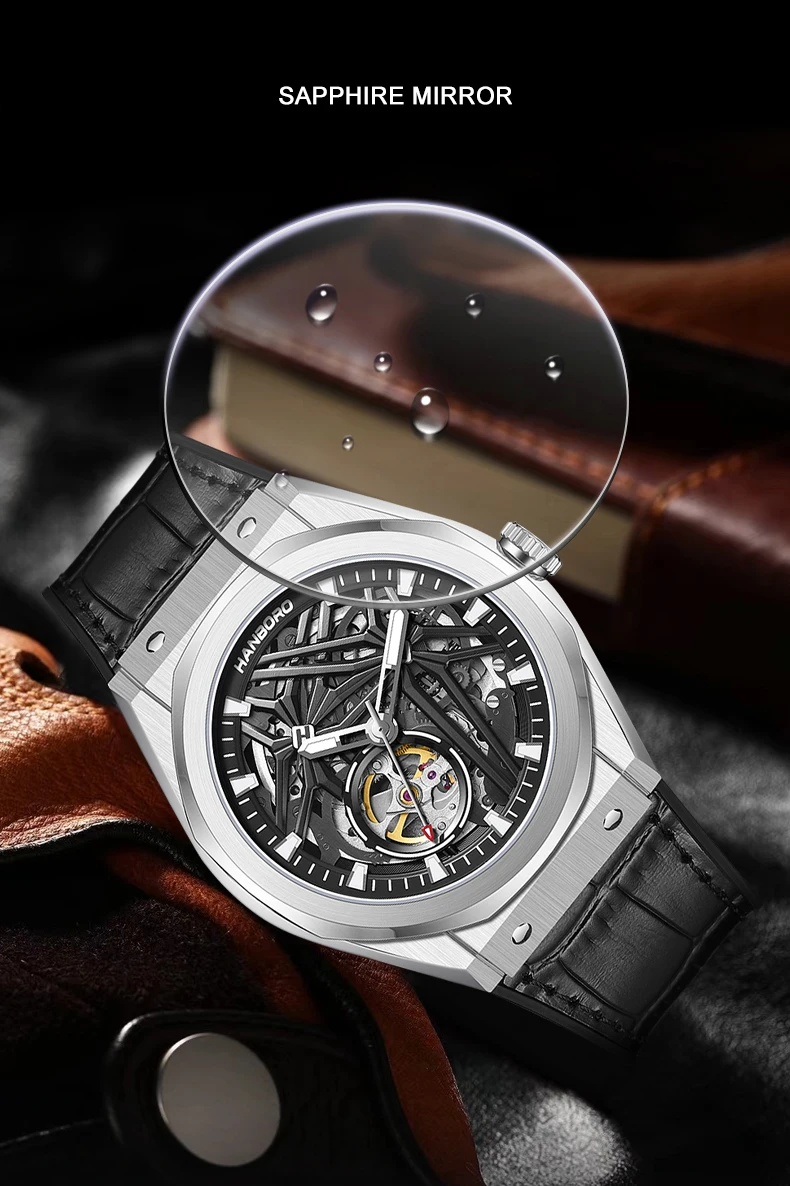 HANBORO Мужские автоматические часы 42 мм Механические наручные часы Водонепроницаемые светящиеся сапфировые часы 24 часа Дата Miyota 82S0 Полый циферблат