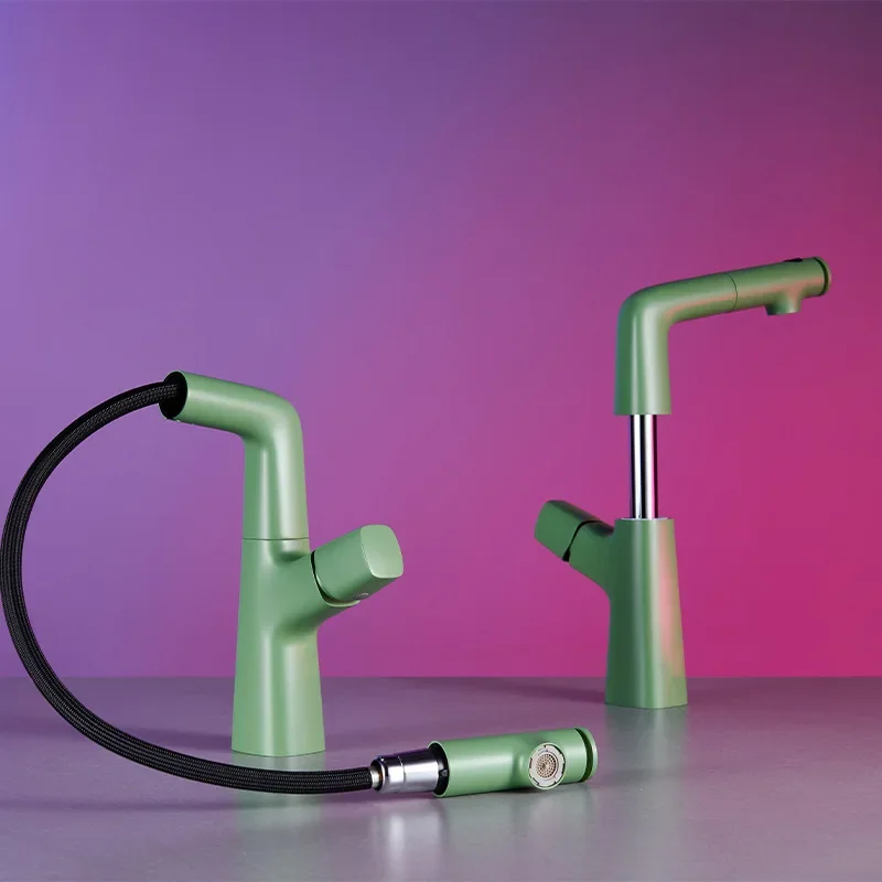 Adjustable Height Basin Faucet with Pull-Out Function, Rotating Cold And Hot Tap For Bathroom Sink