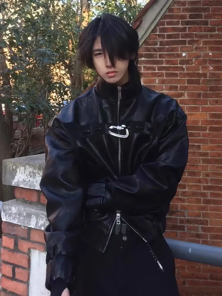 American Fashion Brand High Street Black Leather Coat Hiphop Short Stand-Up Motorcycle Jacket