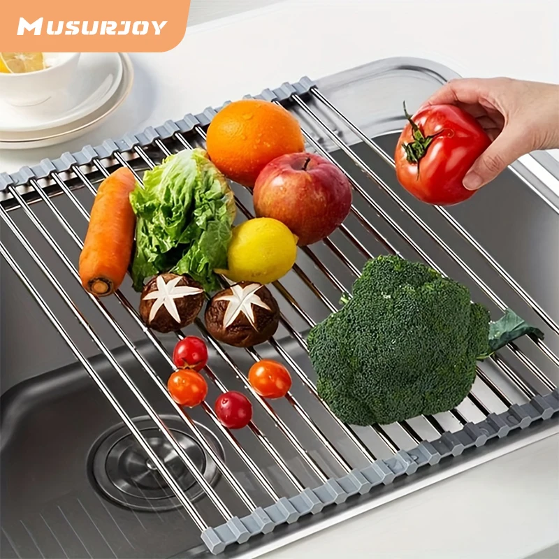 Musurjoy Rolled Dish Drying Rack, Drainer Sheet, Collapsible Stainless Steel Drainer, Gray, Christmas Halloween Gifts