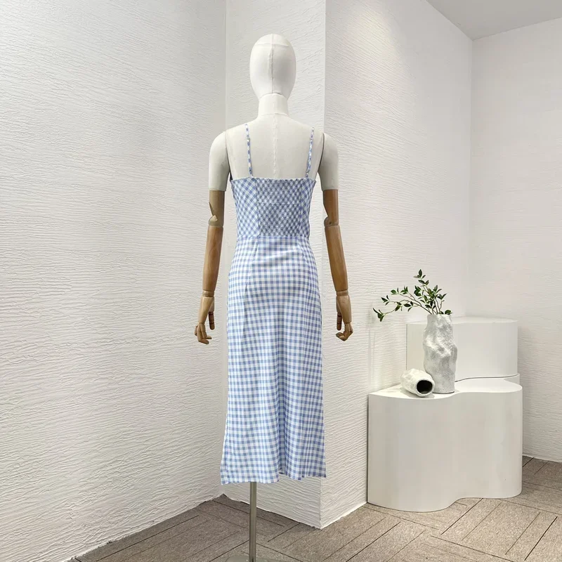 Silk 2024 New Collection Plaid Geometric Print Pink High Quality Sleeveless Halter Blackless Shirred Women Summer Blue Dresses