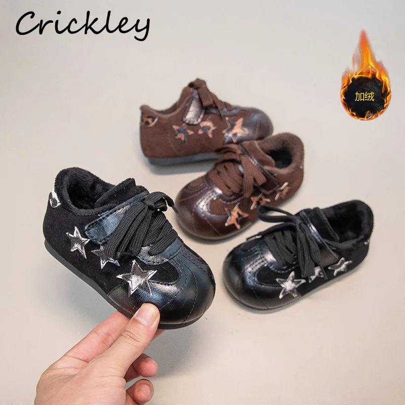 

Fashion Star Leopard Kids Casual Shoes Winter Short Plush Sneakers For Boys Girls PU Hook Loop Toddler Children Sport Shoes