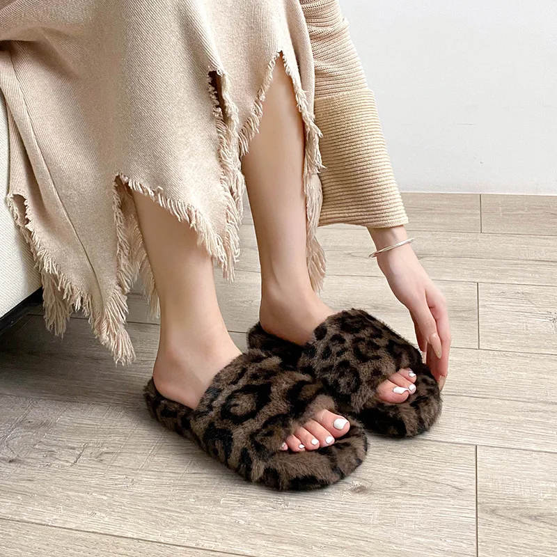 

Fur Slippers Women Shoes Flat Platform Modern Slipper Fashion Slip on Furry Slides Autumn Winter Flip-flops Big Size Leopard