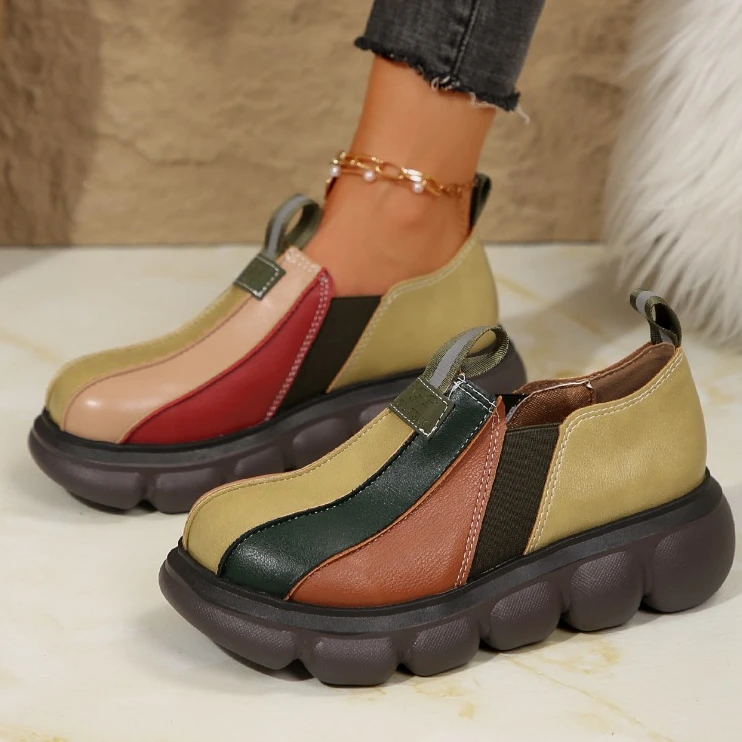 

Women Retro Leather Shoes Casual Loafers Mixed Color Lazy Shoes Round Toe Vulcanized Shoe Ethnic Style Slip On Shoe Wedges Shoe