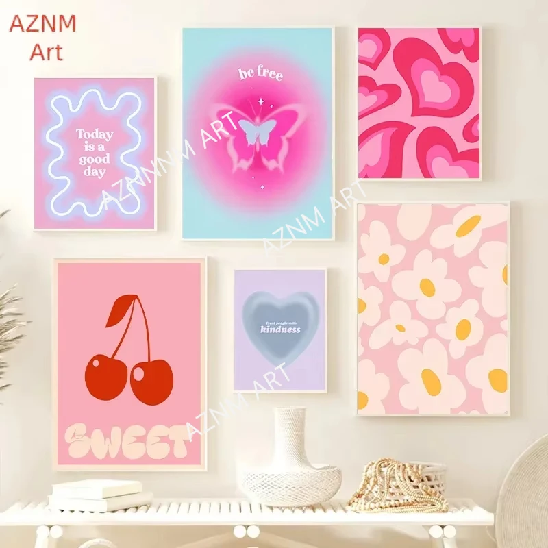 Minimalist Canvas Posters Pink Purple Danish Pastel Love Heart Cherry Butterfly Nordic Fashion Wall Art Home Living Room Decor