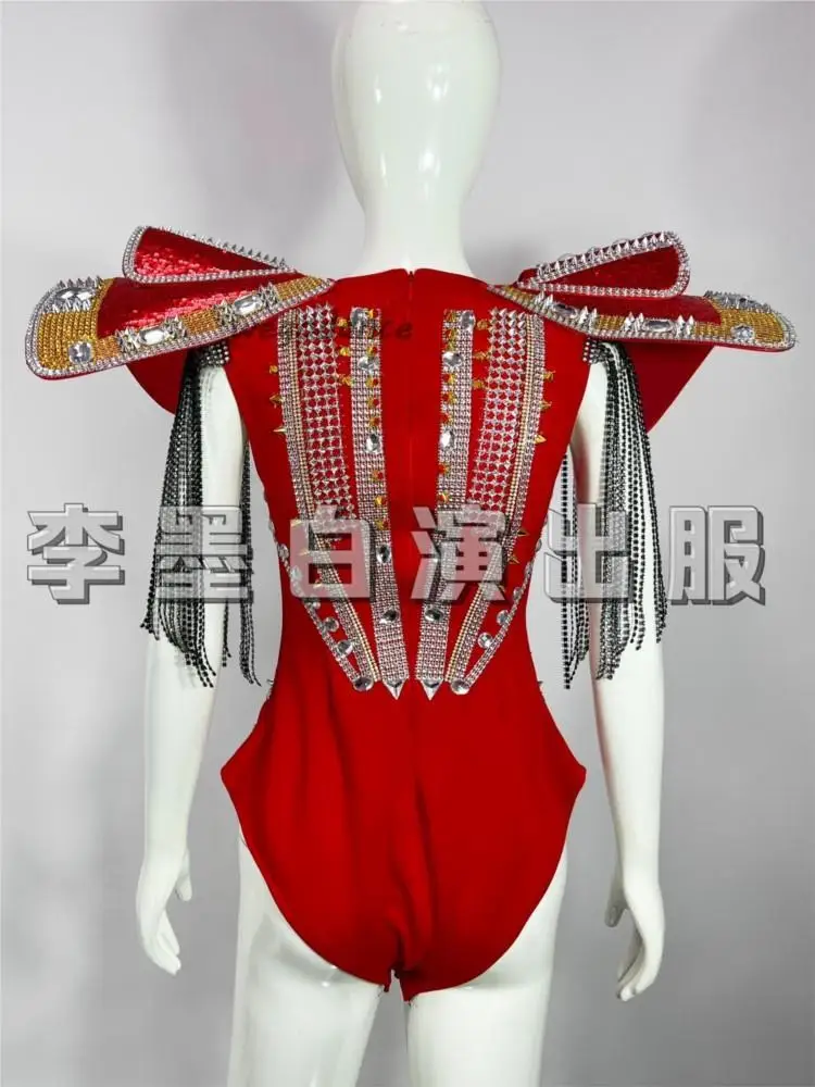 Customized Gold Leaf Chain Heavy Metal Rivet Sequins Full Diamond Jazz Bodysuit Singer Nightclub Performance Dress