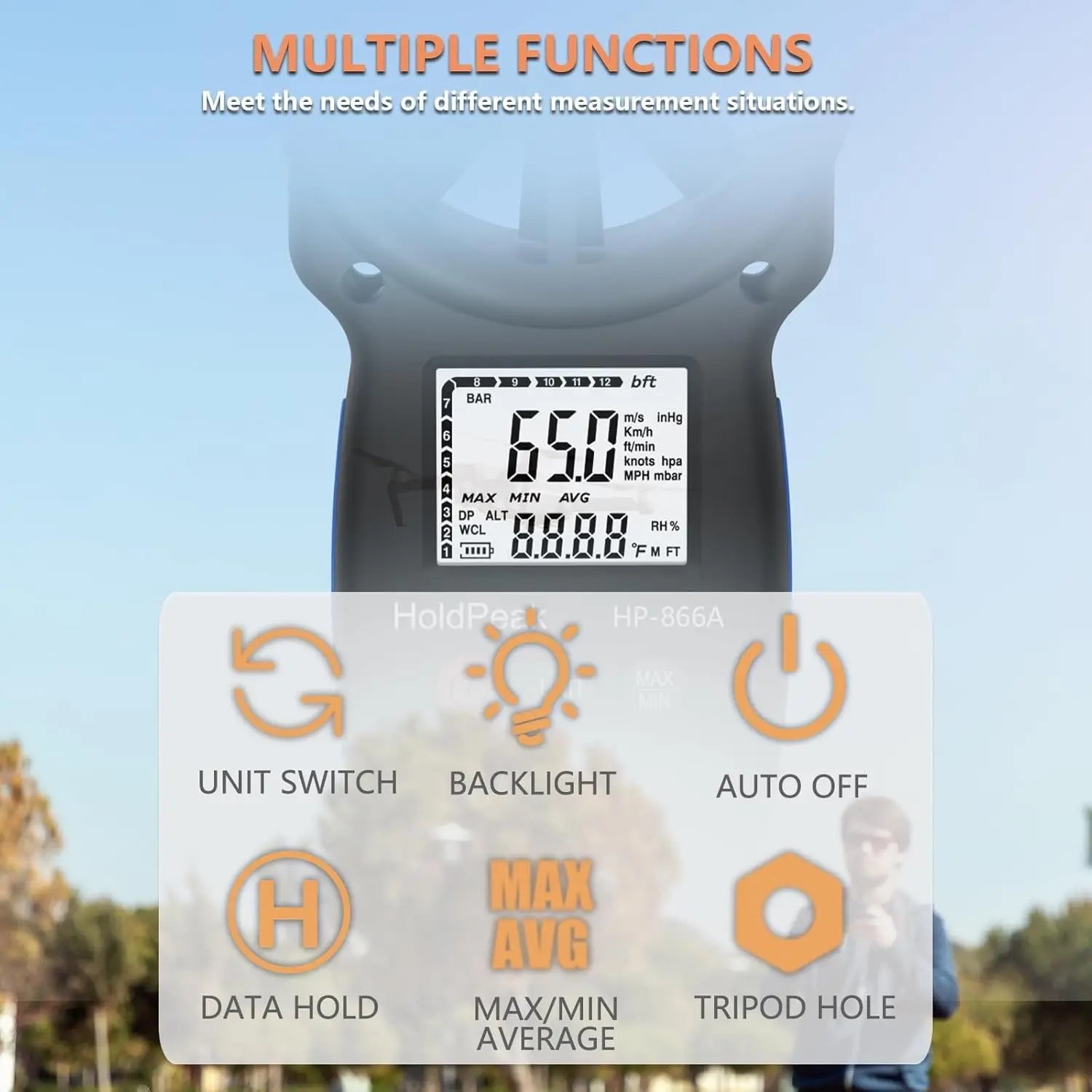 مقياس شدة الريح الرقمي من Holdpeak مقياس CFM محمول باليد HP-866A مع اتصال USB ونقطة الندى ومقياس كتلة الهواء مع عقد البيانات وUSB #2