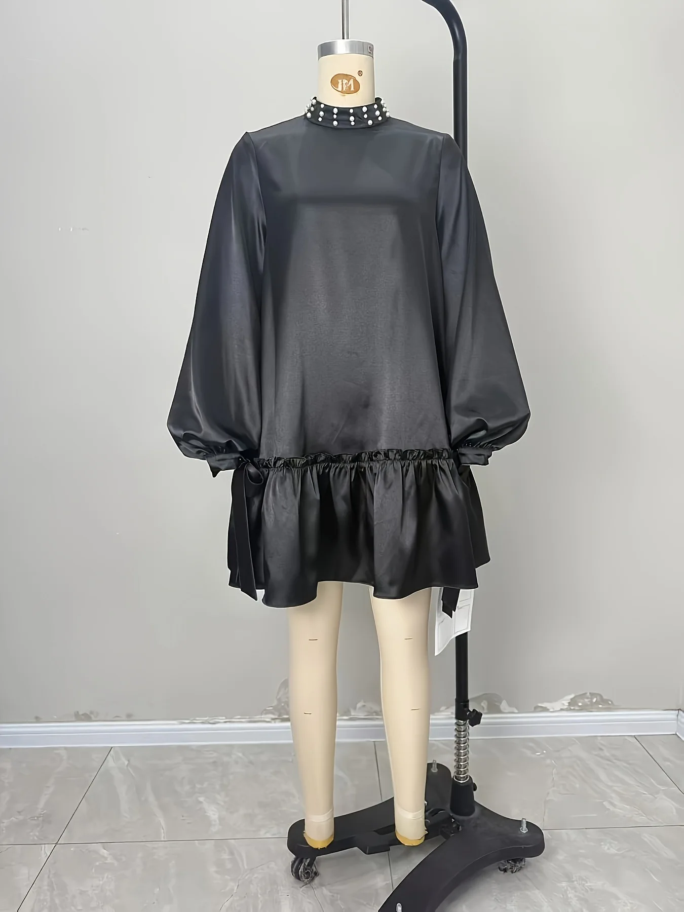 

Women Dress 2026 Spring Autumn New Solid Color Satin Pearl Design High Collar Long Sleeve Loose Fit Casual Daily Mini Dress