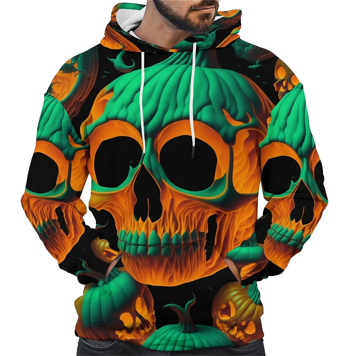 SONSPEE Unisex hoodie with 3D scary skull graphic and long sleeves. Perfect for autumn,  street style with a chilling design.