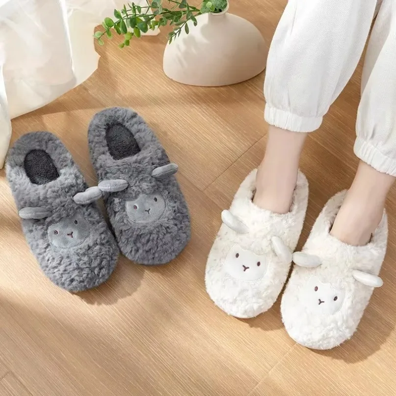 

Winter Warm Slipper Womens Sheep Flip Flops Cartoon Kawaii Animal Plush Indoor Home House Shoes Flat Funny Fuzzy Female Slides