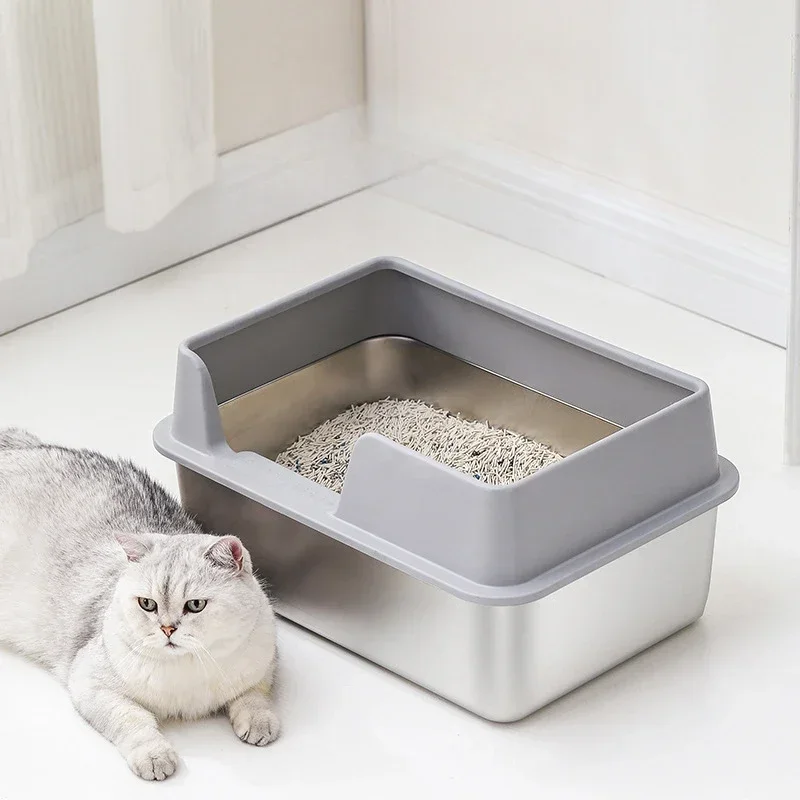 Large Semi Enclosed Sandbox for Cat Stainless Steel Litter Tray Heighten Fence Cat Toilet Odor Proof and Splash, Pets Supplies