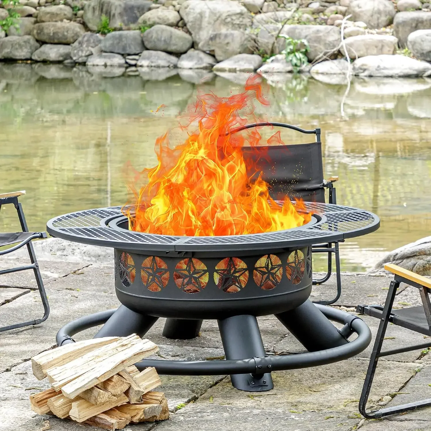 47 Inch Outdoor Fire Pit with 2 Grills, Extra Large BBQ Firepits for Outside, Metal Round Fire pits with Lid&Fire Poker,3 in 1