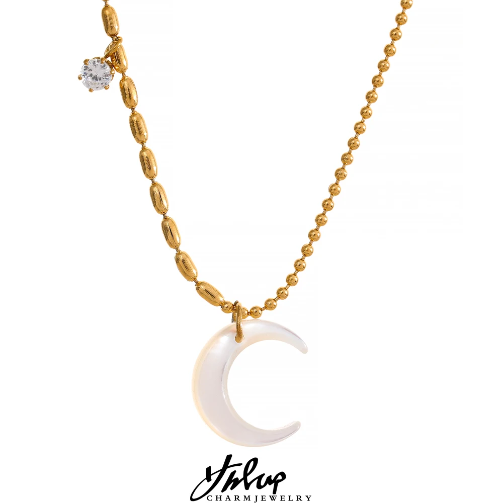 Yhpup Stainless Steel White Shell Moon Pendant Chic Necklace Unique Gold Color Beads Chain Zircon Collar Charm Delicate Jewelry