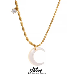 Yhpup Stainless Steel White Shell Moon Pendant Chic Necklace Unique Gold Color Beads Chain Zircon Collar Charm Delicate Jewelry