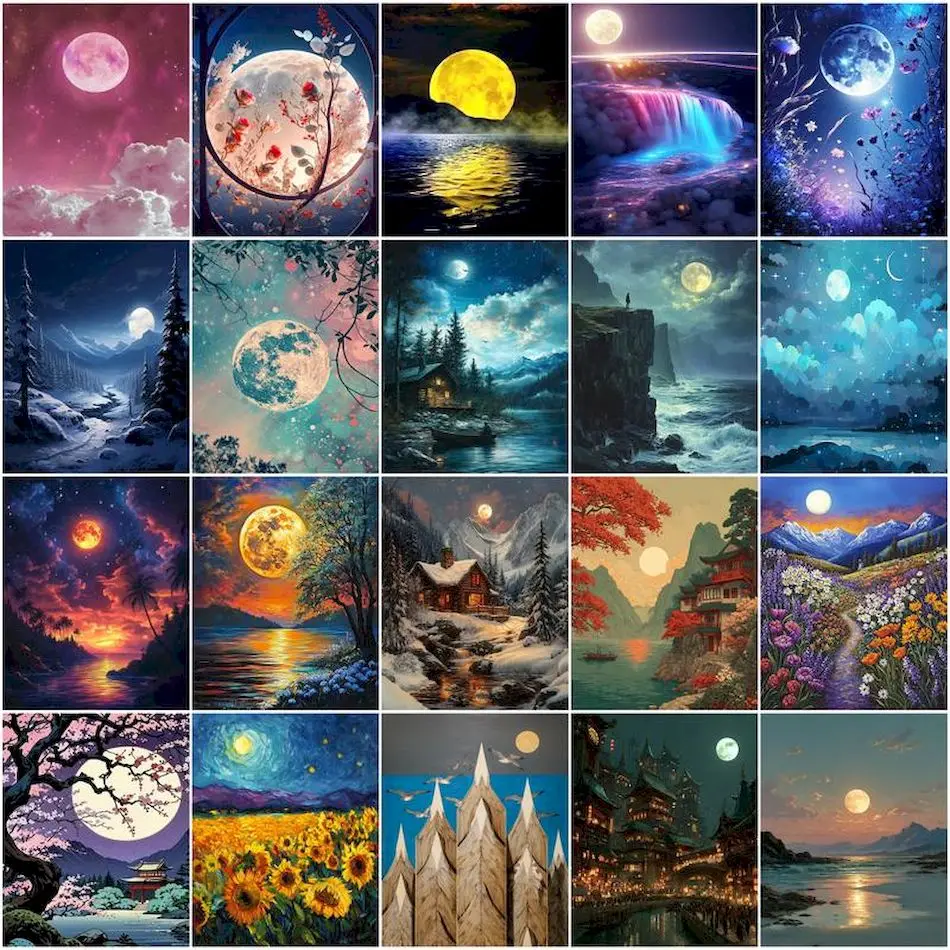 

GATYZTORY Painting By Number Adults Diy Framed Wall Art Modern Moon night scenery Landscape Acrylic Paint Adult Coloring Drawing