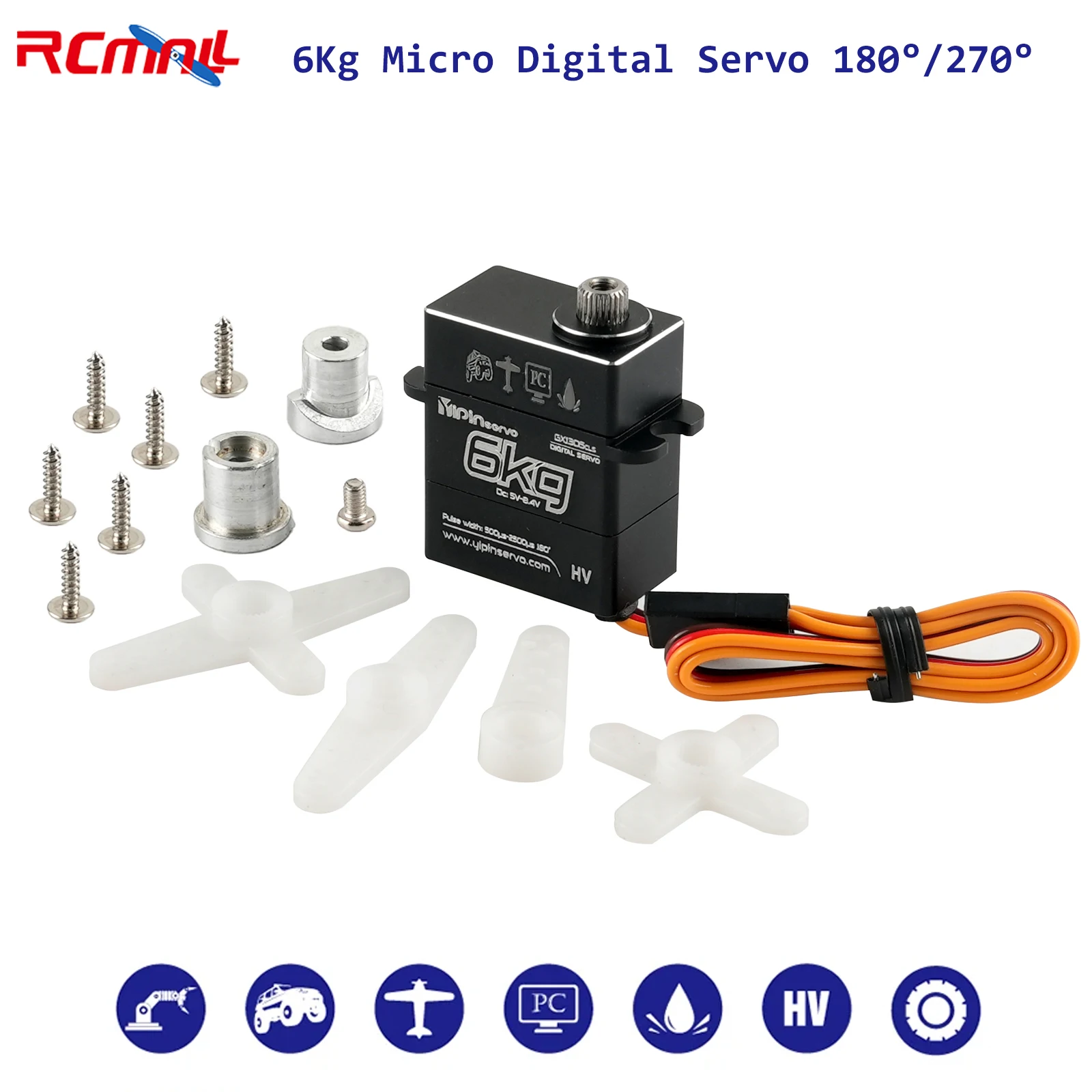 

Микроцифровой сервопривод 6 кг, цельнометаллическая шестерня 180 ° /270 ° Сервопривод без сердечника 5,0 В-8,4 В для радиоуправляемого автомобиля SCX10 Trax Trx4 Trx6 G63 2065 TRXXAS