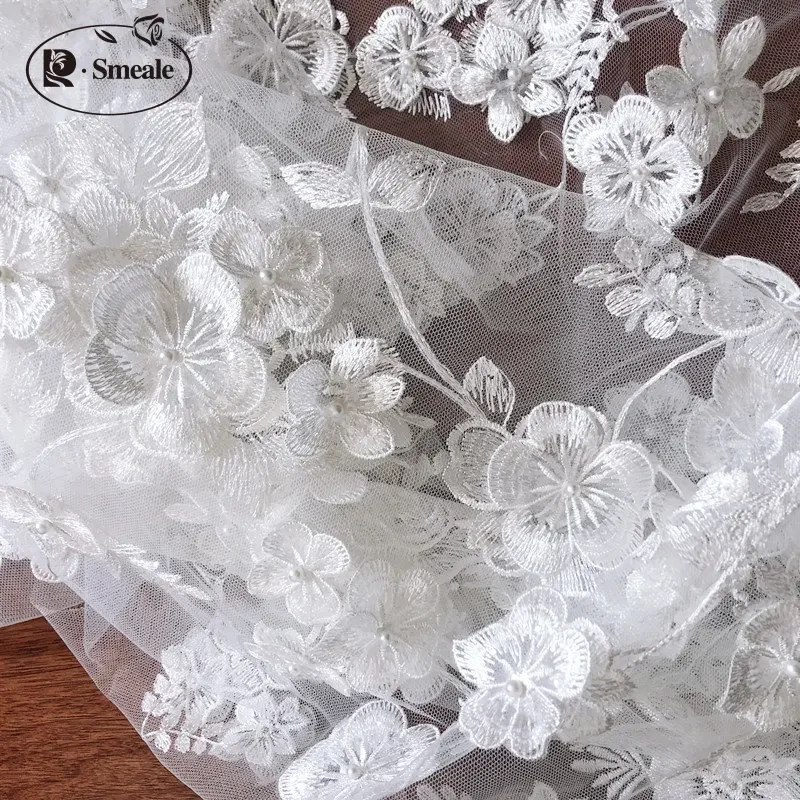 White Beaded Applique Lace Fabric, Wedding Dress, White Accessories, Width 86cm and 135cm, RS1696