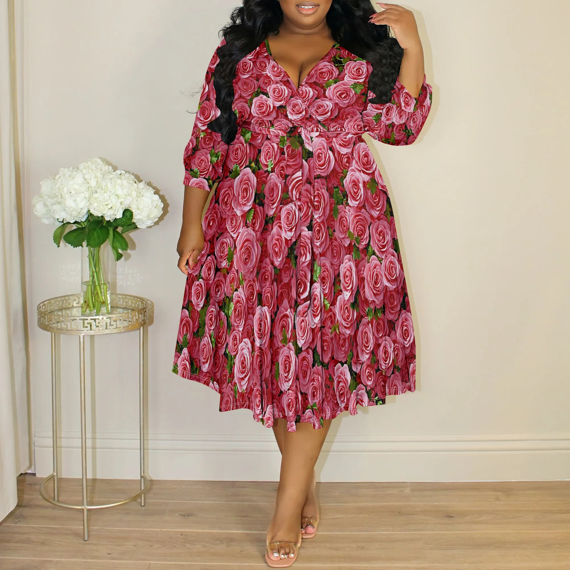 

Plus Size Women's 3/4 Sleeved V Neck Women Fashion Printed Split Casual Maxi Dress