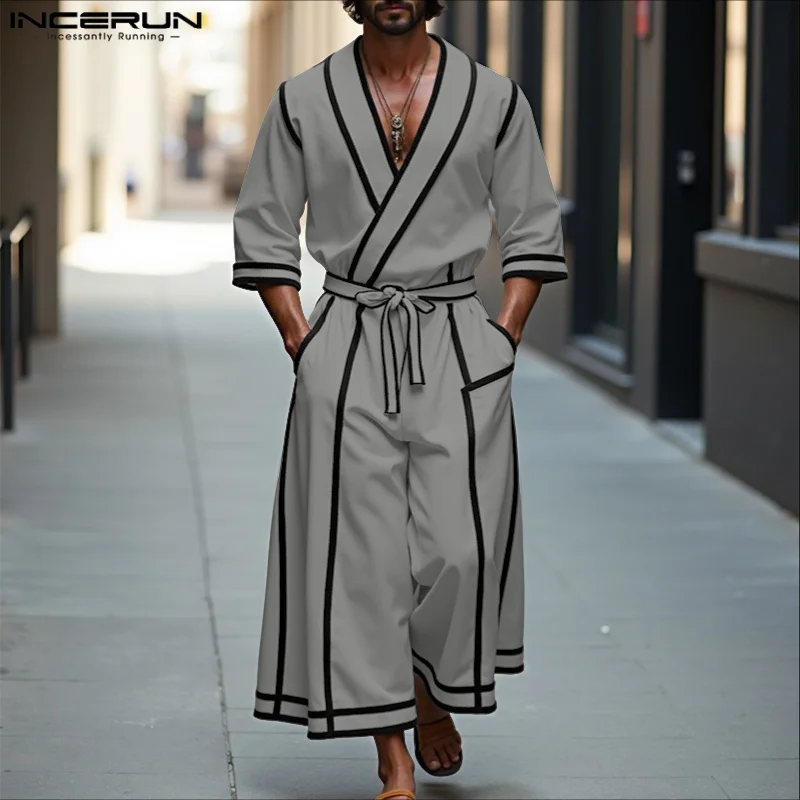 INCERUN Men Sets Patchwork V Neck Lace Up Half Sleeve Shirt & Wide Leg Pants Two Pieces Sets Streetwear Casual Men's Suits S-5XL
