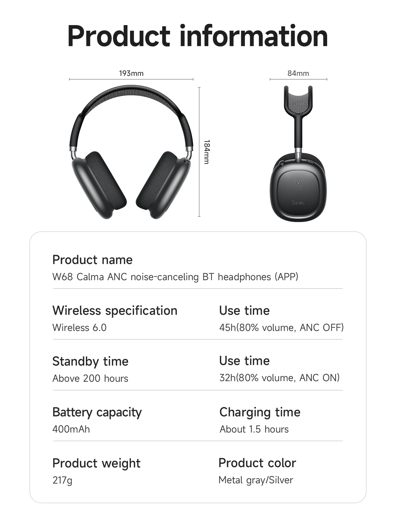 HOCO W68 ANC Geräuschunterdrückende Bluetooth 6.0 Kopfhörer Kabellose Headsets mit App-Steuerungsfunktion und Mikrofon für Telefonanrufe – Detail 9