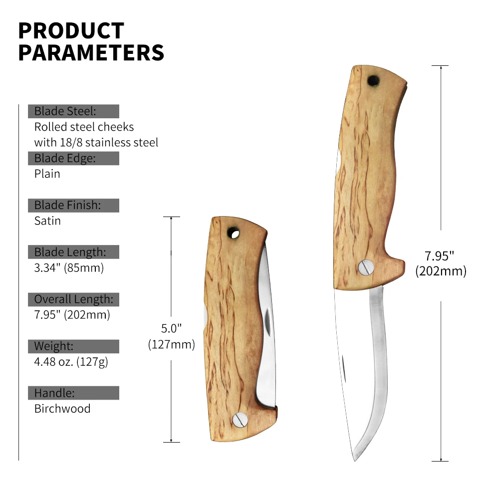 Outdoor Birchwood Handle and  Folding Knife with Triple Laminated Stainless Steel Blade   for Camping Fishing and Hiking