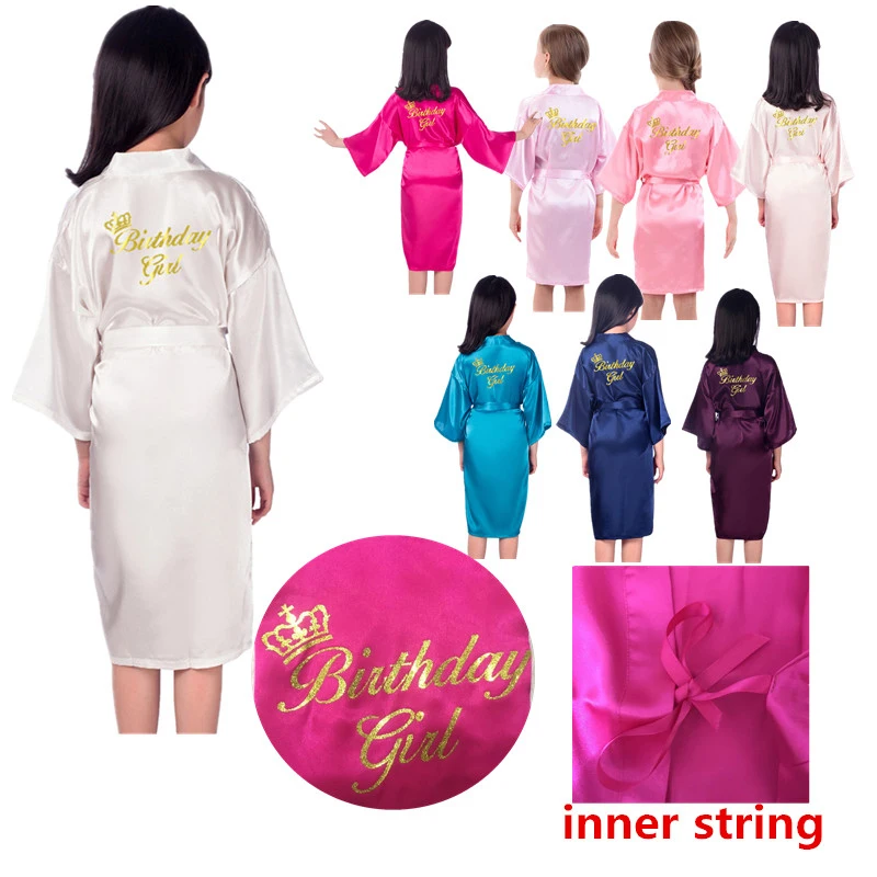 Retail Kids Birthday Girl Gold Glitter Robes Soft Satin Pure Color Kimono Bathrobes for Spa Wedding Birthday Party