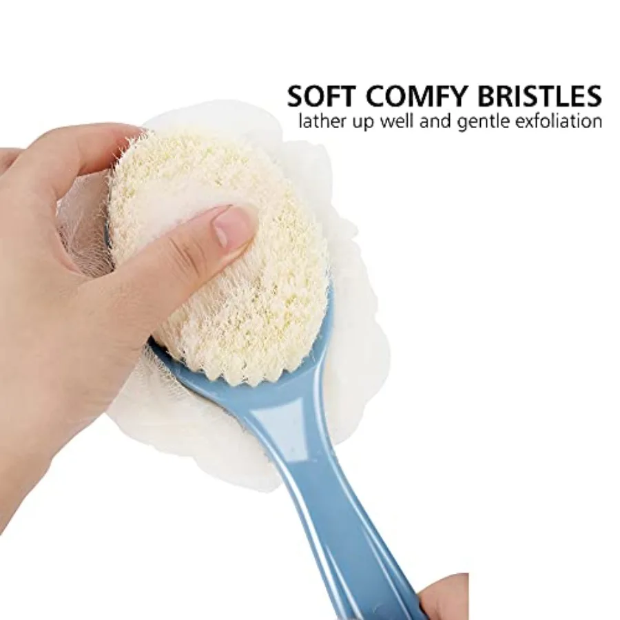 Shower Body Brush with Bristles and Loofah, Back Scrubber Bath Mesh Sponge with Curved Long Handle for Skin Exfoliating Bath, M