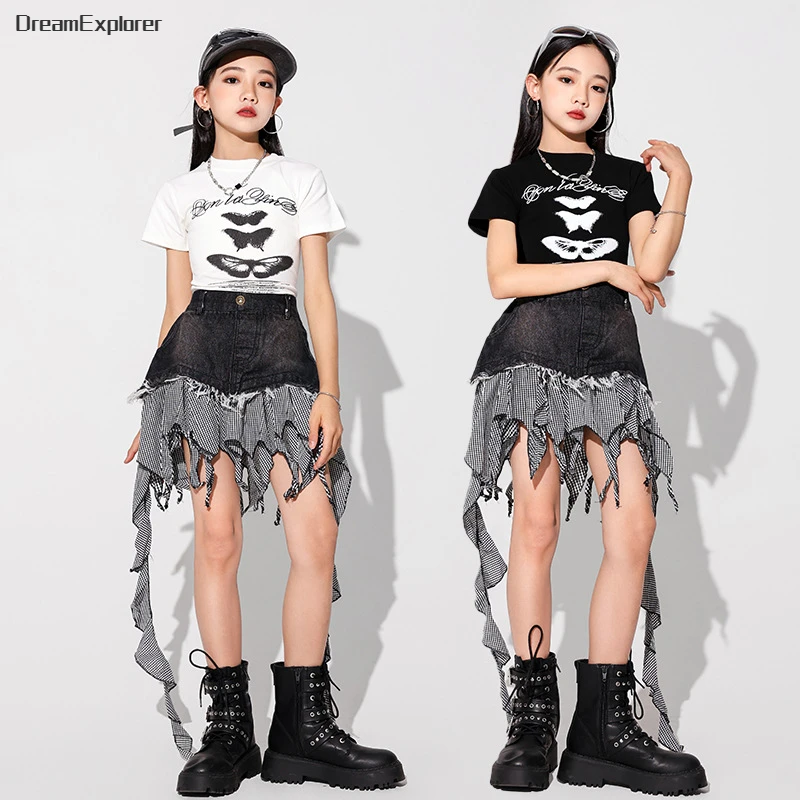 Girls Hip Hop Crop Top Tattered Street Dance Denim Skirt Kids T-shirt Jazz Cool Jean Skirts Costume Child Streetwear Clothes Set