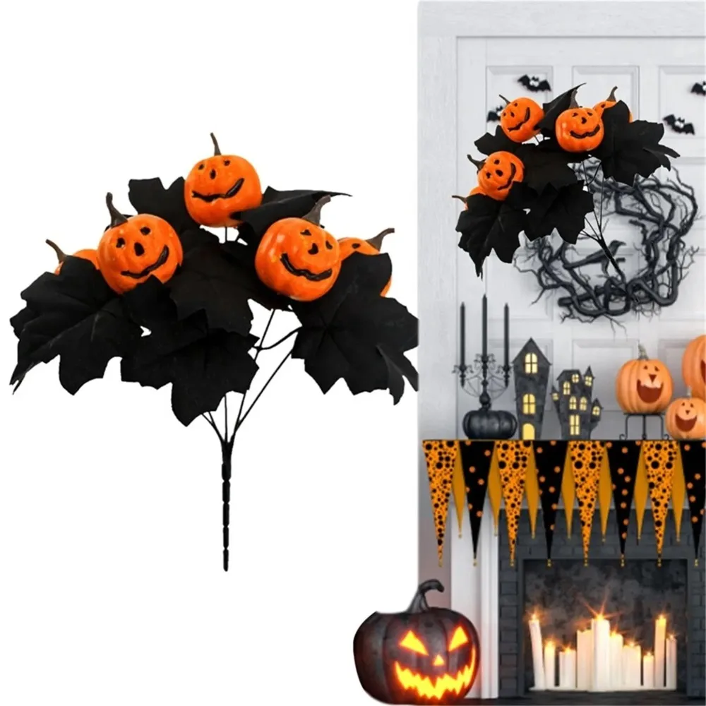 Halloween Simulation Pumpkin Bouquet Silk Black Leaf Fake Maple Leaf Pumpkin Bouquet Home Decoration Table Vase Decoration